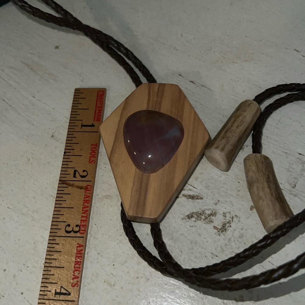 Handmade bolo tie wood antler stone